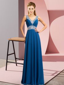 Floor Length Lace Up Prom Dress Blue for Prom and Party with Beading