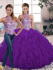 Latest Floor Length Purple Quinceanera Dress Halter Top Sleeveless Lace Up