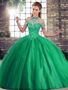 Best Selling Beading Sweet 16 Dresses Green Lace Up Sleeveless Brush Train