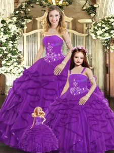 Floor Length Purple Vestidos de Quinceanera Tulle Sleeveless Beading and Ruffles