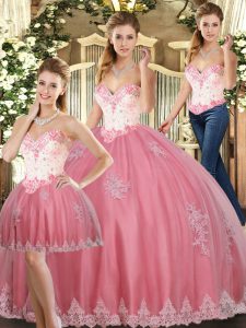 Watermelon Red Tulle Lace Up Quinceanera Dress Sleeveless Floor Length Beading and Appliques