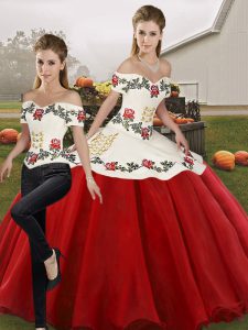 Exceptional White And Red Lace Up Off The Shoulder Embroidery Quinceanera Dress Organza Sleeveless