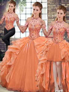 New Style Orange Three Pieces Beading and Ruffles Ball Gown Prom Dress Lace Up Organza Sleeveless Floor Length