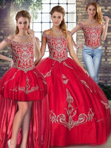 Red Tulle Lace Up Sweet 16 Quinceanera Dress Sleeveless Floor Length Beading and Embroidery
