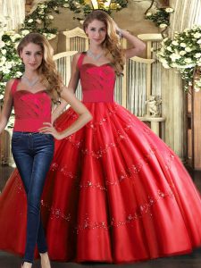 Comfortable Red Lace Up Quinceanera Dresses Appliques Sleeveless Floor Length