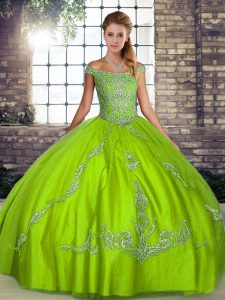 Off The Shoulder Sleeveless Tulle Quinceanera Gown Beading and Embroidery Lace Up