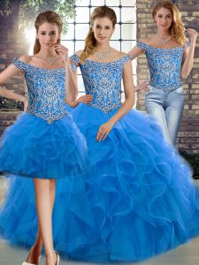 Lovely Blue Sleeveless Beading and Ruffles Lace Up Quince Ball Gowns