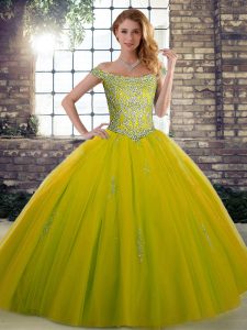 Floor Length Lace Up Quinceanera Gowns Olive Green for Military Ball and Sweet 16 and Quinceanera with Beading