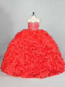 Red Lace Up Sweetheart Beading and Ruffles Quinceanera Dresses Organza Sleeveless Brush Train