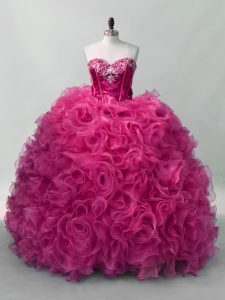 Sweetheart Sleeveless Quinceanera Gown Floor Length Ruffles and Sequins Hot Pink Organza