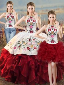 Sleeveless Floor Length Embroidery and Ruffles Lace Up Quince Ball Gowns with White And Red
