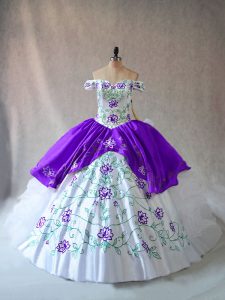 Perfect Floor Length White And Purple 15th Birthday Dress Off The Shoulder Sleeveless Lace Up