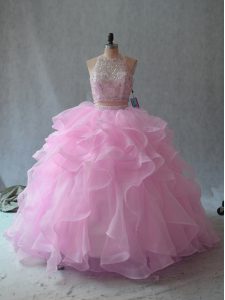 Exquisite Beading and Ruffles 15th Birthday Dress Pink Backless Sleeveless Floor Length