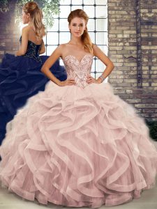 Dramatic Pink Ball Gowns Tulle Sweetheart Sleeveless Beading and Ruffles Floor Length Lace Up 15th Birthday Dress