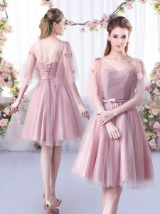 Pink Sleeveless Appliques and Belt Knee Length Court Dresses for Sweet 16