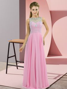 Extravagant Rose Pink Empire High-neck Sleeveless Chiffon Floor Length Zipper Beading Dress for Prom
