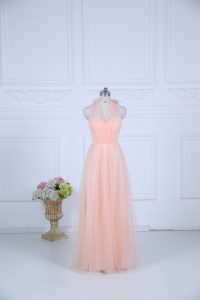 Dazzling Floor Length Zipper Dama Dress Peach for Wedding Party with Ruching