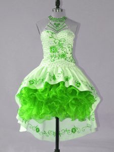 Green Sleeveless Embroidery and Ruffles High Low Prom Party Dress