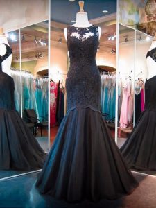 Exquisite Black Tulle Backless Evening Dress Sleeveless Floor Length Lace