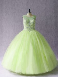 Glittering Yellow Green Sleeveless Tulle Lace Up 15 Quinceanera Dress for Sweet 16 and Quinceanera