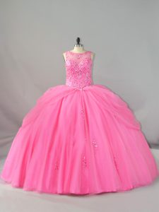 Flirting Tulle Scoop Sleeveless Brush Train Lace Up Beading and Appliques Quinceanera Dress in Rose Pink