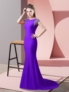 Adorable Lavender Prom Gown Prom and Party with Beading High-neck Short Sleeves Brush Train Backless