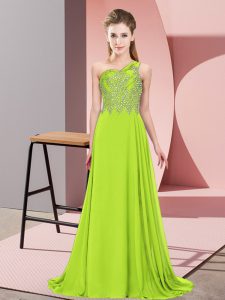 Glamorous Yellow Green Sleeveless Floor Length Beading Side Zipper Prom Gown