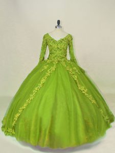 Beautiful Olive Green Side Zipper V-neck Lace and Appliques Sweet 16 Quinceanera Dress Tulle Long Sleeves