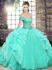 Elegant Apple Green Ball Gowns Organza Off The Shoulder Sleeveless Beading and Ruffles Floor Length Lace Up Vestidos de Quinceanera