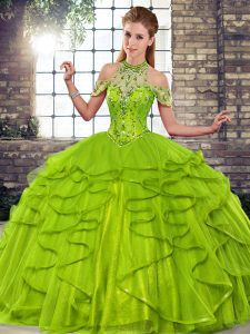 Olive Green Ball Gowns Beading and Ruffles Quinceanera Dresses Lace Up Tulle Sleeveless Floor Length