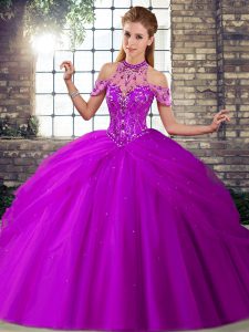 Clearance Purple Quinceanera Gowns Tulle Brush Train Sleeveless Beading and Pick Ups