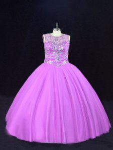 Comfortable Scoop Sleeveless Ball Gown Prom Dress Floor Length Beading Lilac Tulle