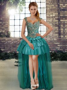 New Arrival Teal A-line Straps Sleeveless High Low Lace Up Beading Formal Evening Gowns