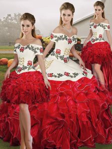 Custom Made Sleeveless Organza Floor Length Lace Up Quinceanera Dresses in White And Red with Embroidery and Ruffles