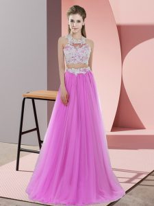 Fantastic Floor Length Lilac Dama Dress Tulle Sleeveless Lace
