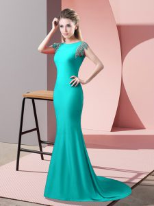 Nice Turquoise Homecoming Dress Elastic Woven Satin Brush Train Short Sleeves Beading