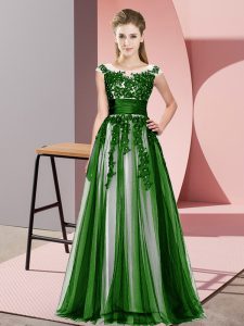 Admirable Sleeveless Tulle Floor Length Zipper Quinceanera Court Dresses in Green with Beading and Lace