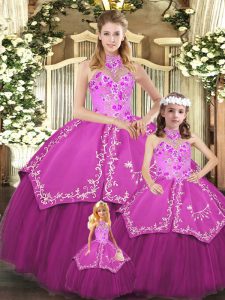 Trendy Fuchsia Sleeveless Satin and Tulle Lace Up 15 Quinceanera Dress for Military Ball and Sweet 16 and Quinceanera