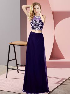 Beautiful Floor Length Purple Prom Evening Gown Chiffon Sleeveless Beading