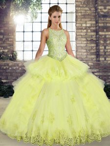 Yellow Lace Up Scoop Lace and Embroidery and Ruffles Quinceanera Gowns Tulle Sleeveless