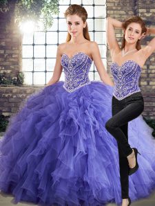 Nice Sweetheart Sleeveless Quinceanera Dresses Floor Length Beading and Ruffles Lavender Tulle
