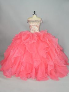Watermelon Red Lace Up 15th Birthday Dress Beading and Ruffles Sleeveless Floor Length