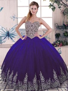 Artistic Sleeveless Floor Length Beading and Embroidery Lace Up Ball Gown Prom Dress with Purple