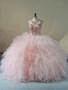 Custom Design Peach Scoop Neckline Beading and Ruffles Sweet 16 Dress Sleeveless Lace Up