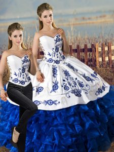 Low Price Blue And White Lace Up Sweetheart Embroidery and Ruffles 15 Quinceanera Dress Satin and Organza Sleeveless