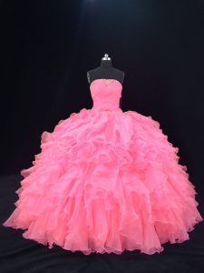 Pink Strapless Lace Up Beading and Ruffles Quinceanera Gowns Sleeveless