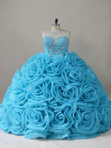 Fabulous Sweetheart Sleeveless Brush Train Side Zipper 15th Birthday Dress Baby Blue Fabric With Rolling Flowers