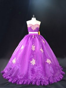 Stunning Appliques Quinceanera Gown Purple Zipper Sleeveless Brush Train
