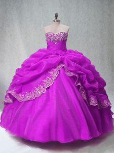 Delicate Fuchsia Organza Lace Up Sweetheart Sleeveless Floor Length Ball Gown Prom Dress Beading and Appliques