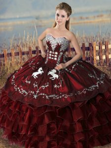 Beauteous Burgundy Ball Gowns Embroidery and Ruffles Quinceanera Gown Lace Up Satin and Organza Sleeveless Floor Length